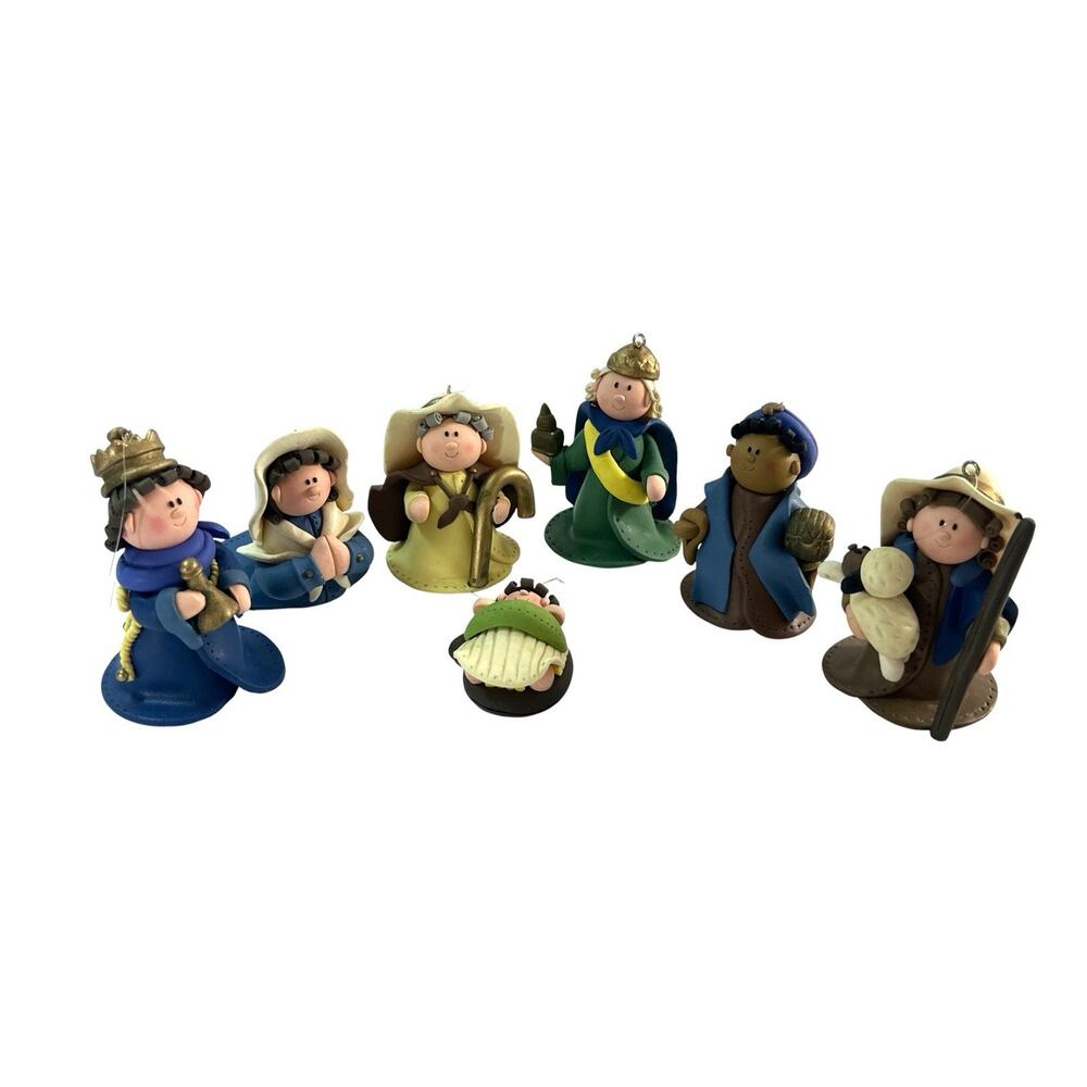 Vintage 2004 BAF Polymer Clay Nativity Ornament Set 7 Pc Felt Manger Box - Picture 2 of 11